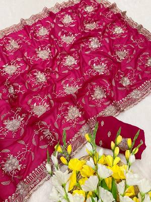 Pink zari embroidery work star georgette saree with blouse 4