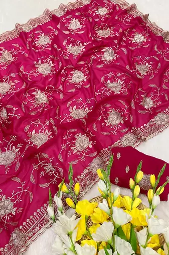 Pink zari embroidery work star georgette saree with blouse