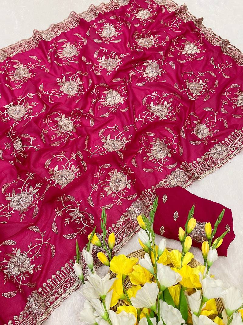 Pink zari embroidery work star georgette saree with blouse