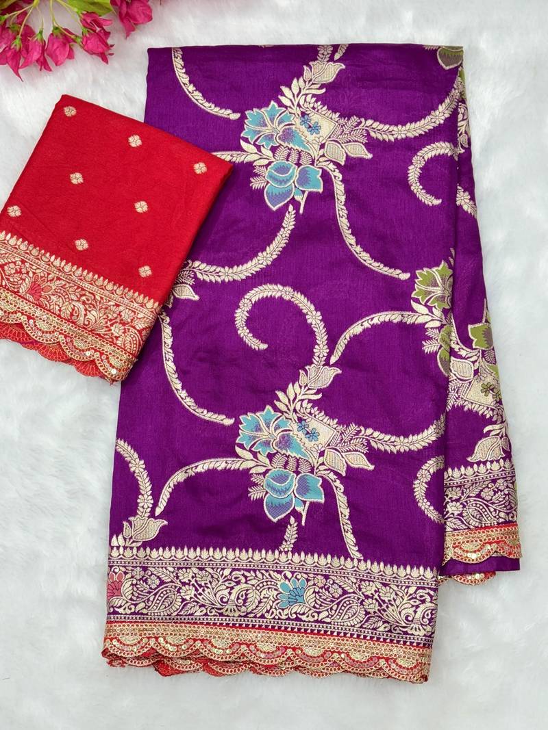 Purple hand dying & embroidery lace dola silk blend saree with blouse
