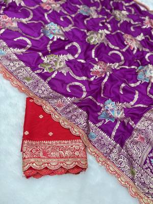 Purple hand dying & embroidery lace dola silk blend saree with blouse 2