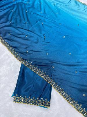 Firozi blue multicolor sequece embroidery work chinon saree with blouse 1