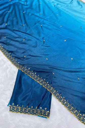 Firozi blue multicolor sequece embroidery work chinon saree with blouse