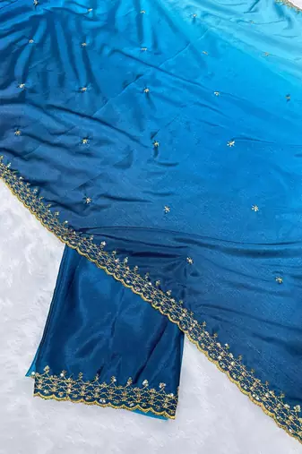 Firozi blue multicolor sequece embroidery work chinon saree with blouse