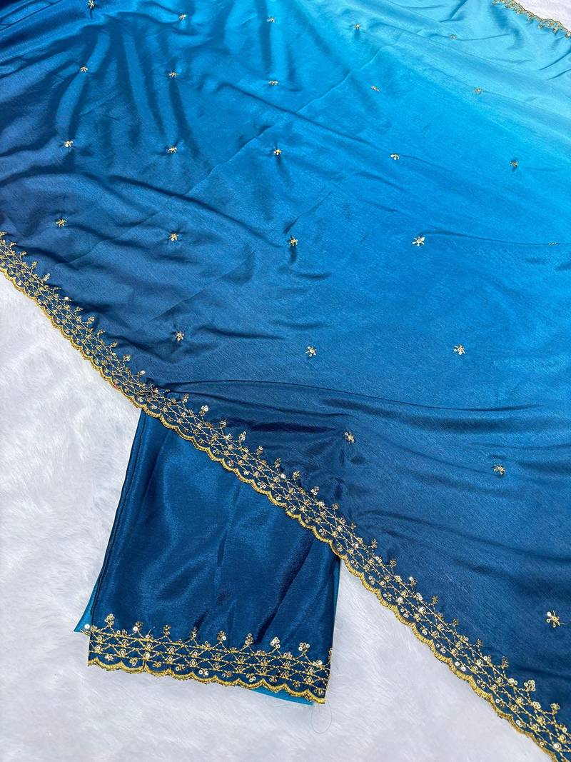 Firozi blue multicolor sequece embroidery work chinon saree with blouse