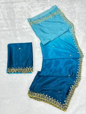 Firozi blue multicolor sequece embroidery work chinon saree with blouse 2
