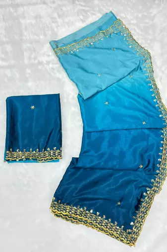 Firozi blue multicolor sequece embroidery work chinon saree with blouse