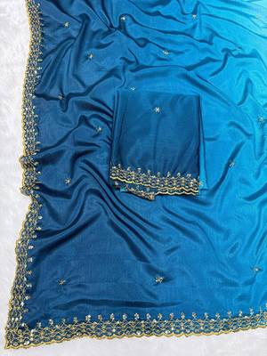 Firozi blue multicolor sequece embroidery work chinon saree with blouse 3