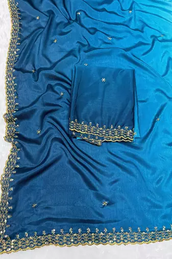 Firozi blue multicolor sequece embroidery work chinon saree with blouse