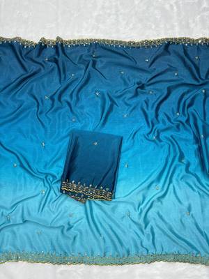Firozi blue multicolor sequece embroidery work chinon saree with blouse 4