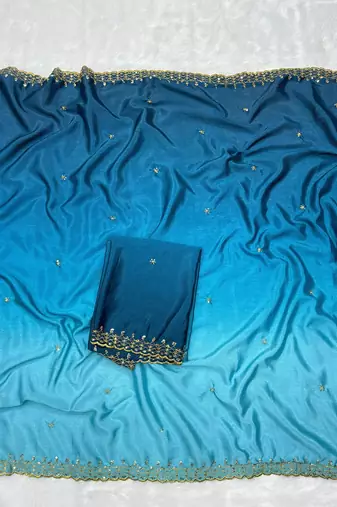 Firozi blue multicolor sequece embroidery work chinon saree with blouse