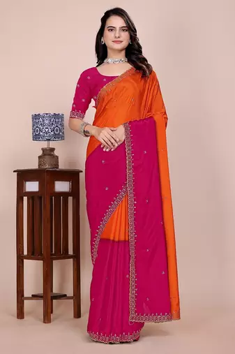 Orange pink multicolor sequece embroidery work chinon saree with blouse