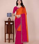 Orange pink multicolor sequece embroidery work chinon saree with blouse