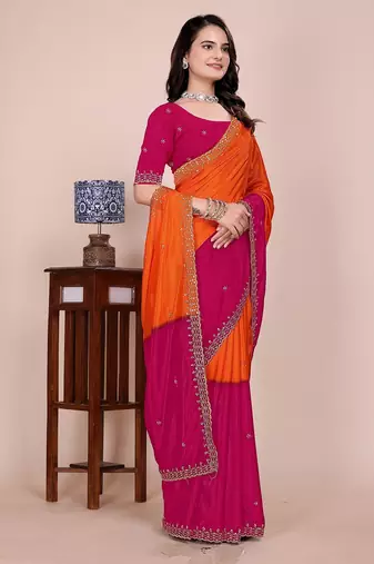 Orange pink multicolor sequece embroidery work chinon saree with blouse