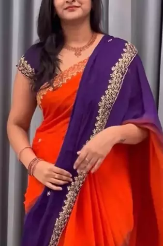 Orange purple multicolor sequece embroidery work chinon saree with blouse