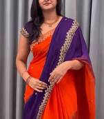Orange purple multicolor sequece embroidery work chinon saree with blouse