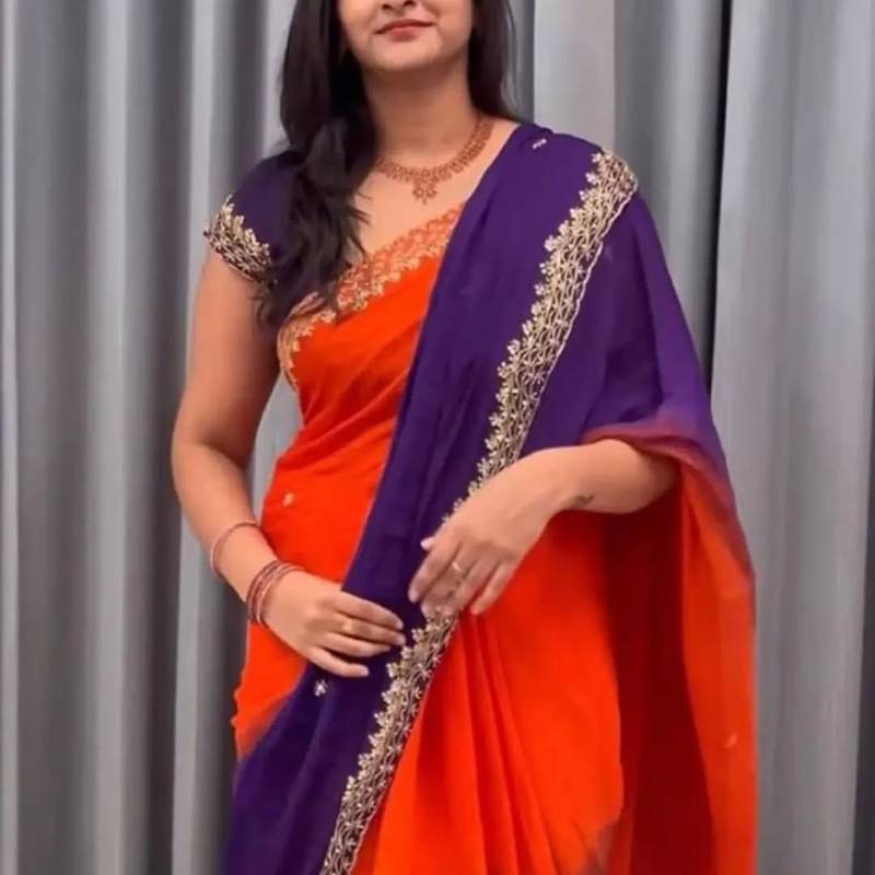 Orange purple multicolor sequece embroidery work chinon saree with blouse