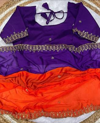 Orange purple multicolor sequece embroidery work chinon saree with blouse 2
