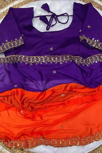 Orange purple multicolor sequece embroidery work chinon saree with blouse