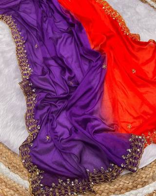 Orange purple multicolor sequece embroidery work chinon saree with blouse 3