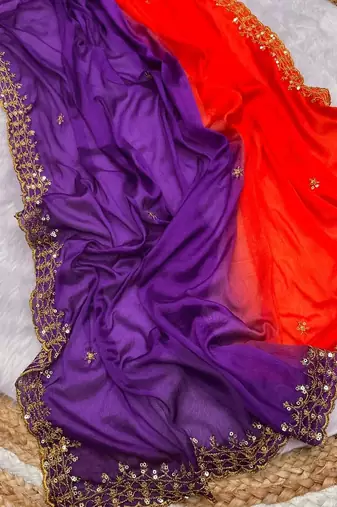 Orange purple multicolor sequece embroidery work chinon saree with blouse