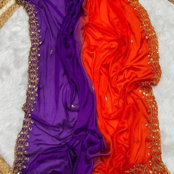 Orange purple multicolor sequece embroidery work chinon saree with blouse 4