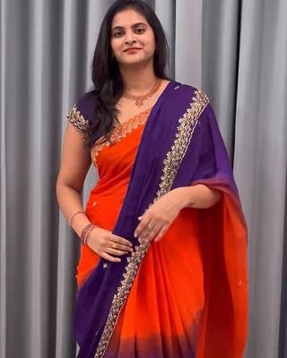 Orange purple multicolor sequece embroidery work chinon saree with blouse 5