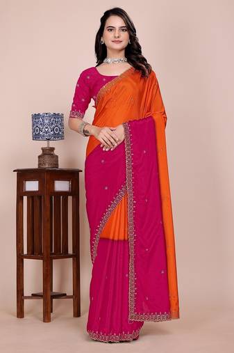 Pink orange multicolor sequece embroidery work chinon saree with blouse