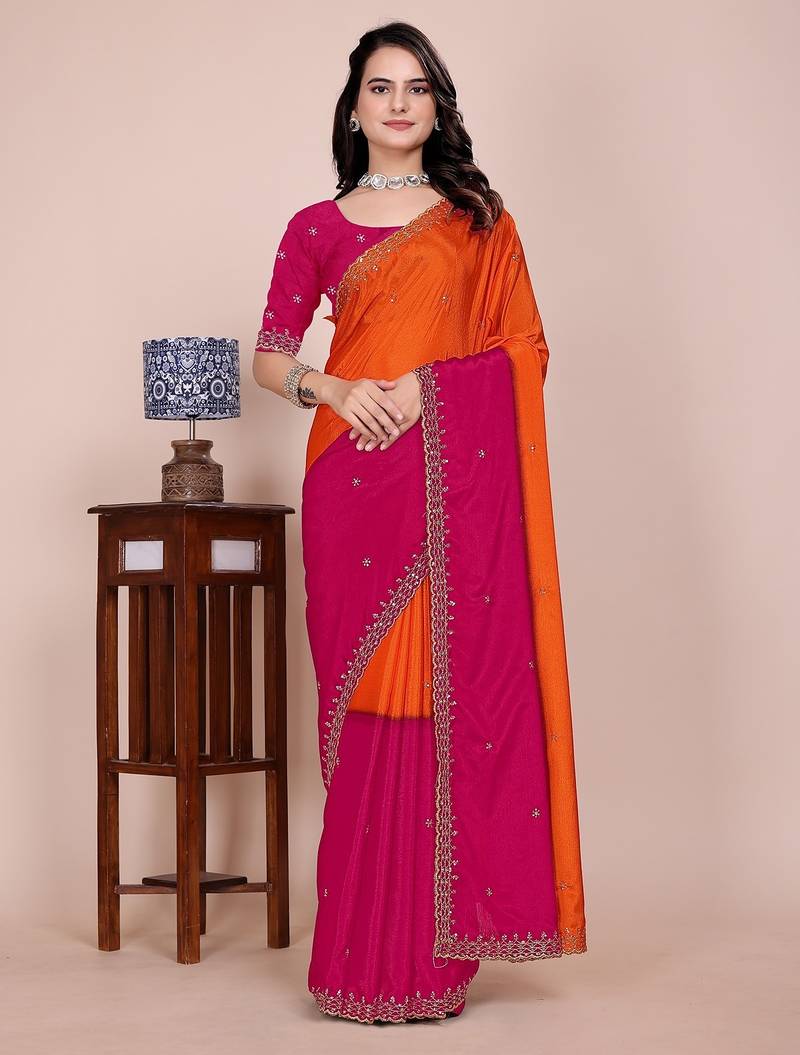Pink orange multicolor sequece embroidery work chinon saree with blouse