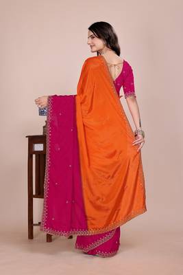 Pink orange multicolor sequece embroidery work chinon saree with blouse 2