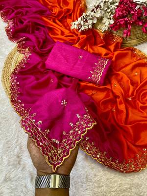 Pink orange multicolor sequece embroidery work chinon saree with blouse 3