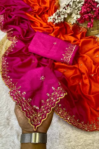 Pink orange multicolor sequece embroidery work chinon saree with blouse