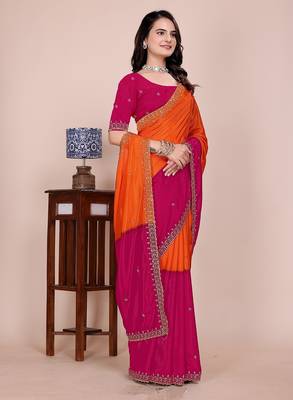 Pink orange multicolor sequece embroidery work chinon saree with blouse 5