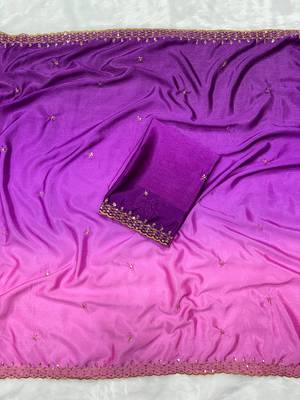 Purpke pink multicolor sequece embroidery work chinon saree with blouse 1