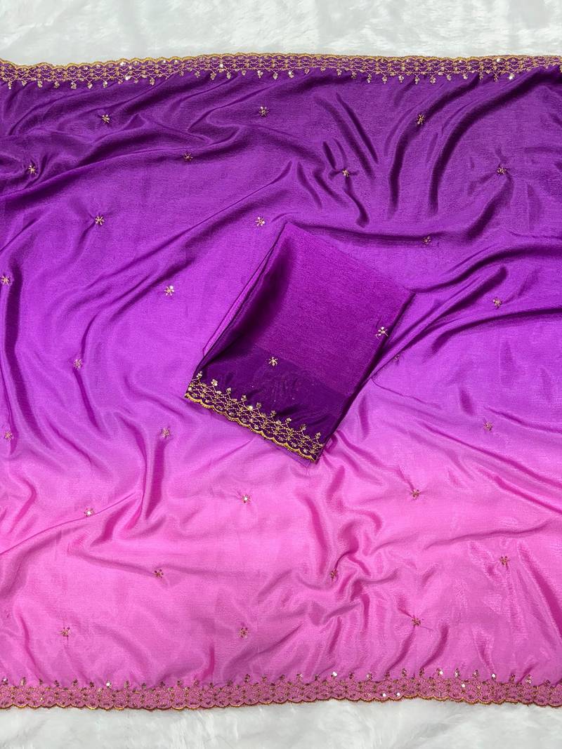 Purpke pink multicolor sequece embroidery work chinon saree with blouse