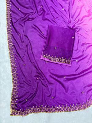 Purpke pink multicolor sequece embroidery work chinon saree with blouse 2