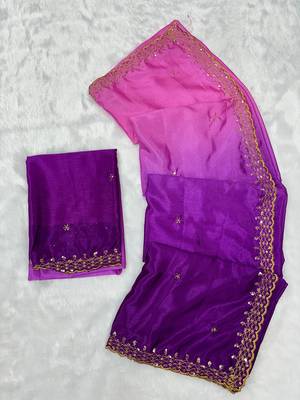 Purpke pink multicolor sequece embroidery work chinon saree with blouse 3