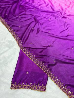 Purpke pink multicolor sequece embroidery work chinon saree with blouse 4