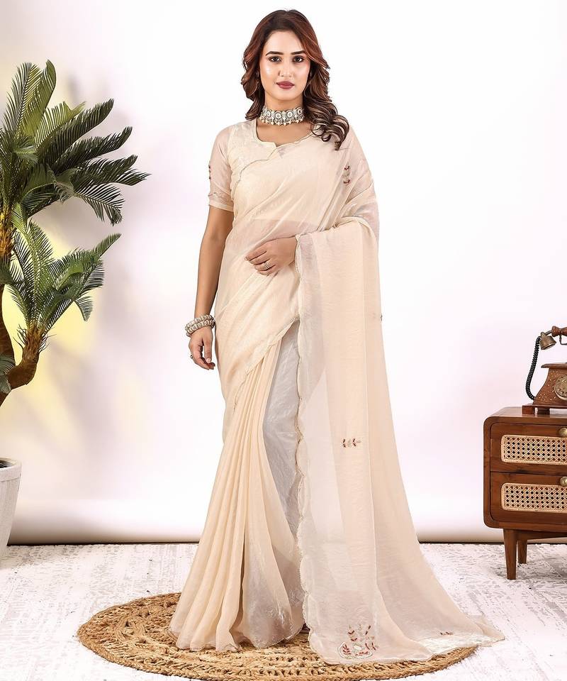 Chikoo handwork fendy satin saree with blouse