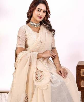 Chikoo handwork fendy satin saree with blouse 4