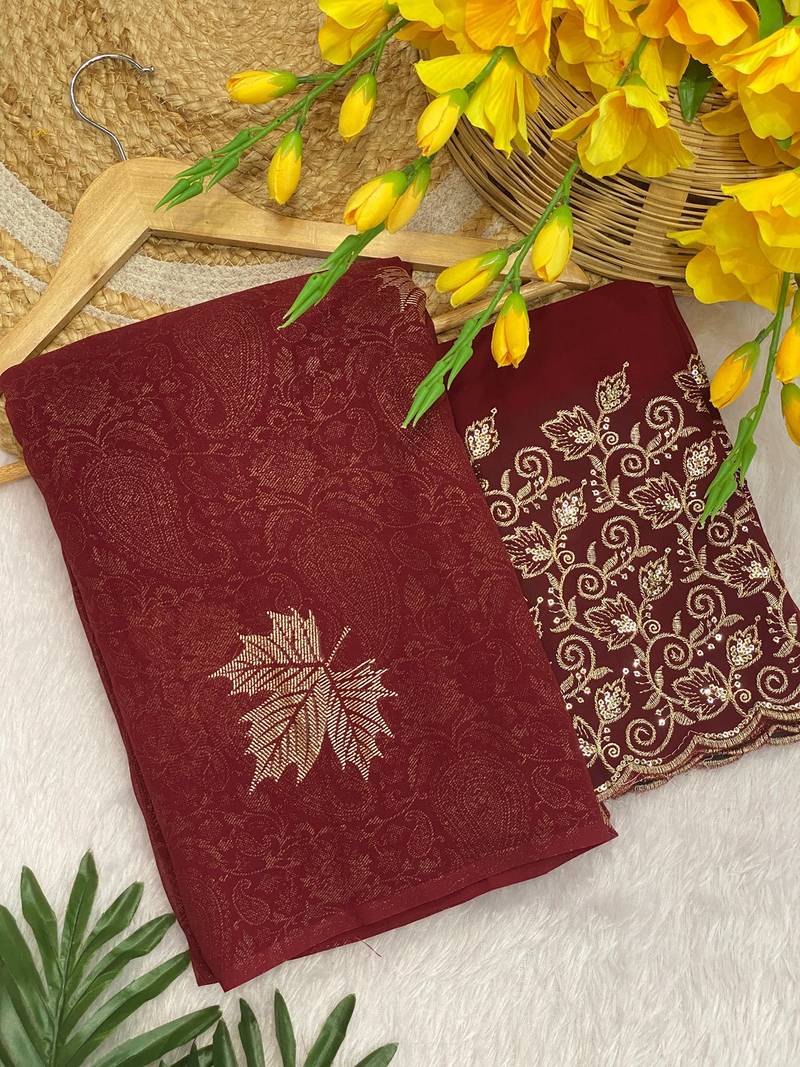 Maroon foil work georgette saree with blouse