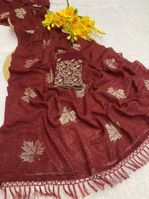 Maroon foil work georgette saree with blouse 2