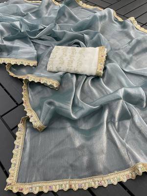 Grey multicolor sequece embroidery work  saree with blouse 1