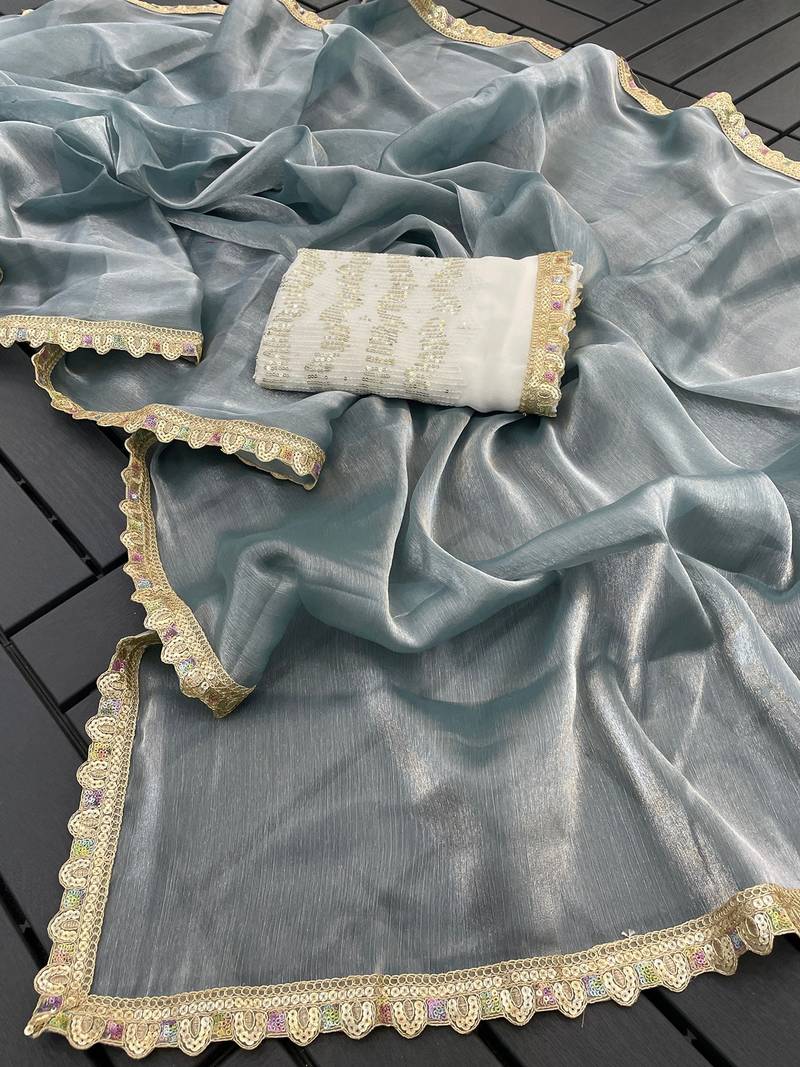 Grey multicolor sequece embroidery work  saree with blouse