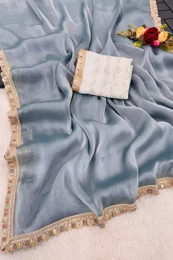 Grey multicolor sequece embroidery work  saree with blouse