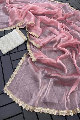 Pink multicolor sequece embroidery work  saree with blouse