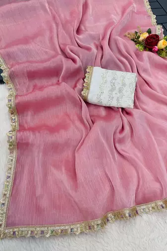 Pink multicolor sequece embroidery work  saree with blouse
