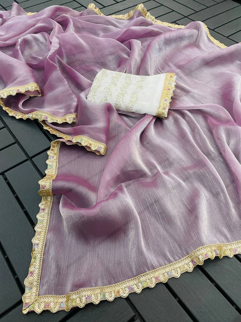 Purple multicolor sequece embroidery work  saree with blouse