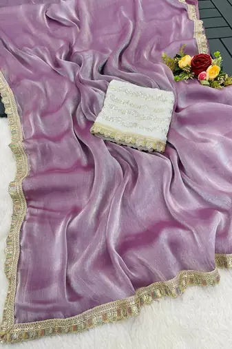 Purple multicolor sequece embroidery work  saree with blouse