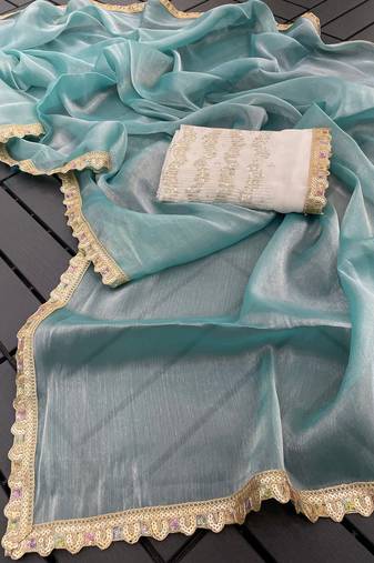 Rama multicolor sequece embroidery work  saree with blouse